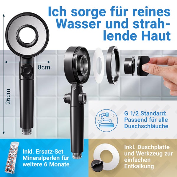 Schwarze Handbrause, 26 Zentimeter mal 8 Zentimeter, inklusive Mineralperlen, Duschplatte, Entkalkungswerkzeug und G 1/2 Zoll Standardanschluss.