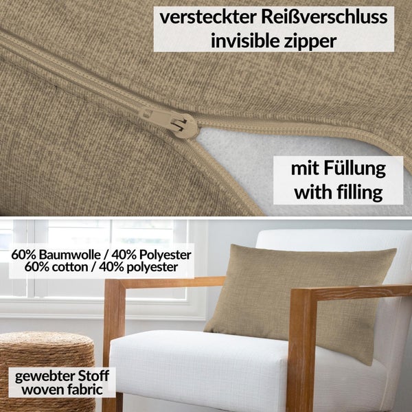 Kissenhülle Beigegrau 30x50cm mit Füllung Leinenoptik