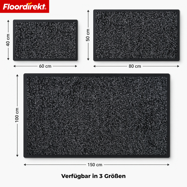 Floordirekt Logo. Schmutzfangmatte in drei Größen: 40 mal 60 Zentimeter, 50 mal 80 Zentimeter und 100 mal 150 Zentimeter.