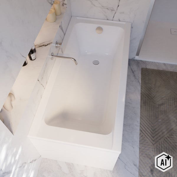 Moderne rechteckige Einbaubadewanne mit Einhandarmatur in einem luxuriösen Badezimmer mit Marmorfliesen und dekorativen Accessoires.