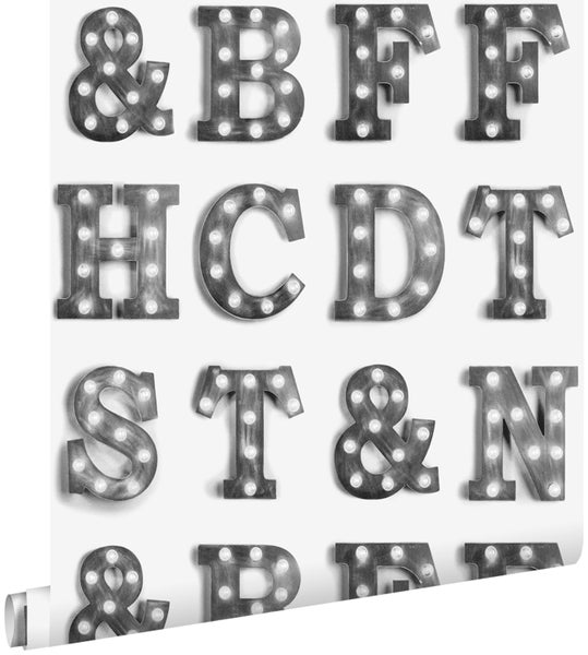 Tapete mit Buchstaben und Symbolen im Stil von Leuchtreklamen