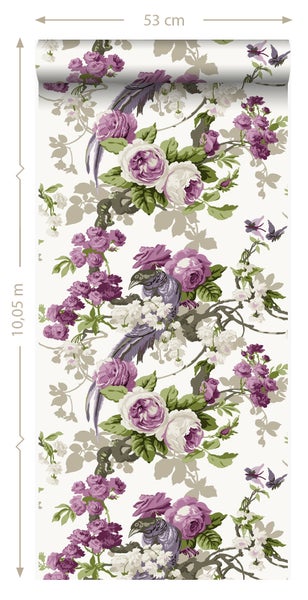 Tapetenrolle mit Rosen, Vögeln und Schmetterlingen, Maße: 53 cm x 10,05 m