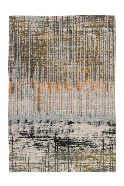 Rechteckiger, mehrfarbiger Teppich mit abstraktem Muster, vertikalen Streifen und modernem Design.