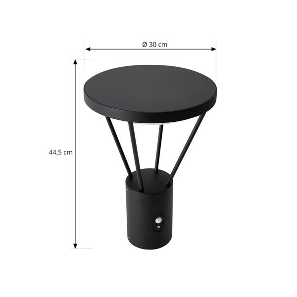 Schwarze Solar-Außenleuchte mit Bewegungssensor, Durchmesser 30 Zentimeter, Höhe 44,5 Zentimeter.