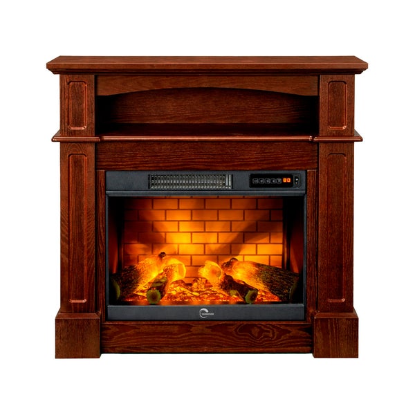Elektrokamin mit dunkelbraunem Kaminsims aus Holz, realistischer Flammen-Illusion, Holzscheiten und digitalem Display.