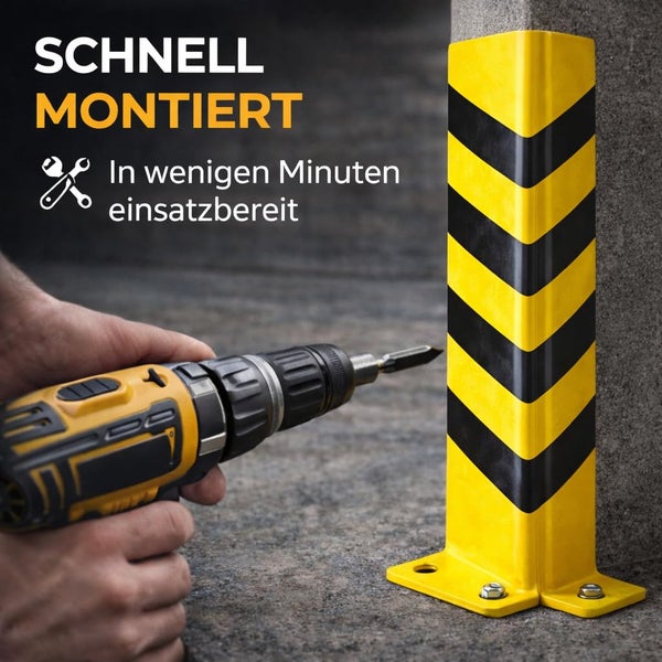 Montage eines gelb-schwarzen Eckenschutzes aus Metall an einer Säule mit einem Akkuschrauber zur schnellen Absicherung von Kanten.