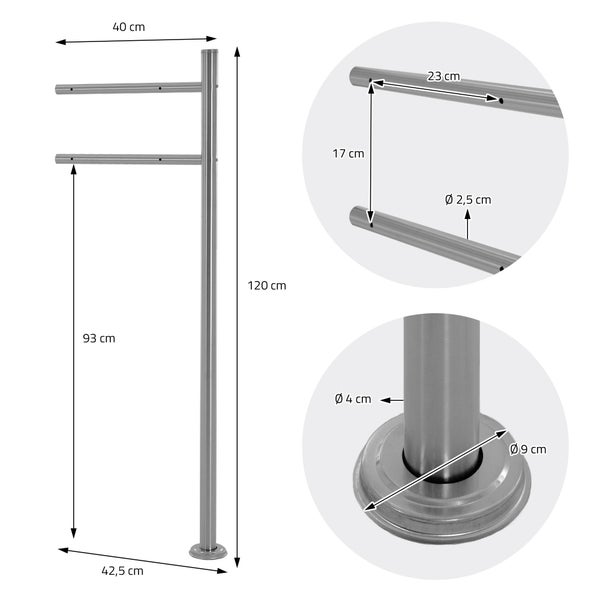 Handtuchhalter aus Edelstahl mit Maßen: Höhe 120 Zentimeter, Breite 40 Zentimeter, Rohrdurchmesser 4 Zentimeter, Fußdurchmesser 9 Zentimeter.