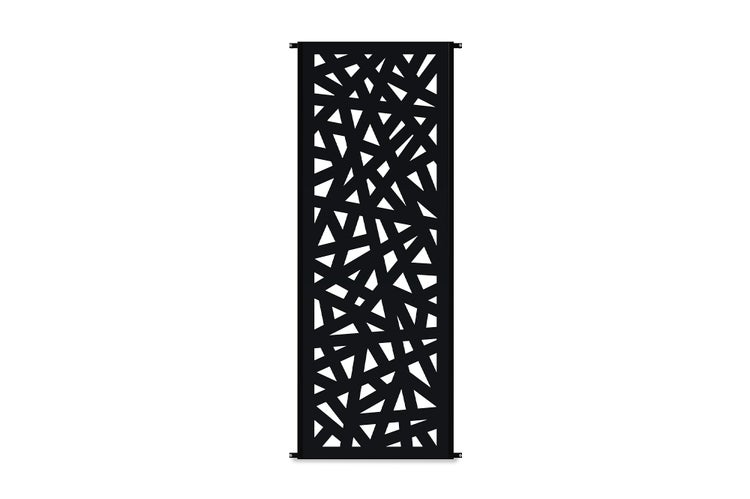 Schwarzes dekoratives Sichtschutzelement aus Metall mit abstraktem, geometrischem Ausschnittmuster für Garten oder Terrasse.