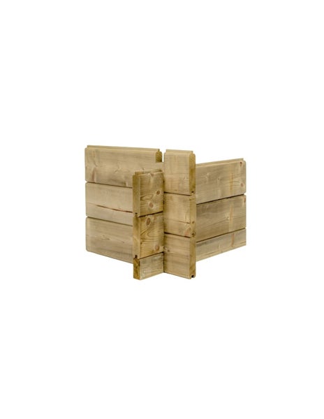 Eckverbindung von Wandbohlen eines Gartenhauses aus Holz mit Nut-und-Feder-System.