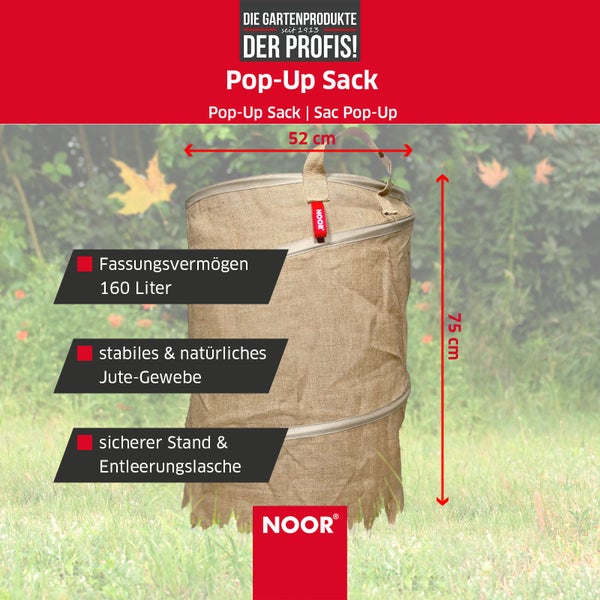 Gartenabfallsack POP-UP - 160 Liter - Jute - Gartensack selbststehend und faltbar - reißfester Laubsack zum Transport von Gartenabfällen