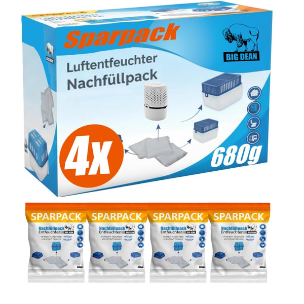 Big Dean Luftentfeuchter Nachfüllpackung Sparpack 4x680g und 4 Beutel à 400g