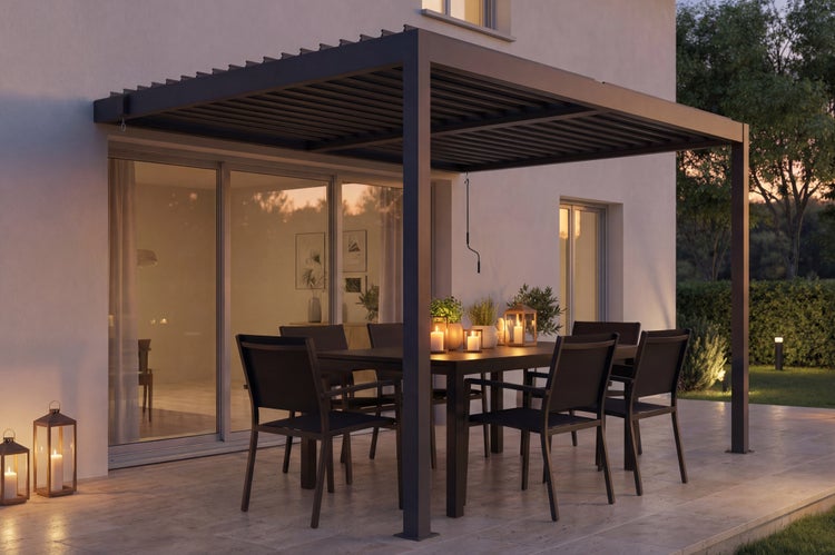 Moderne Terrassenüberdachung mit Tisch und Stühlen im Gartenbereich.