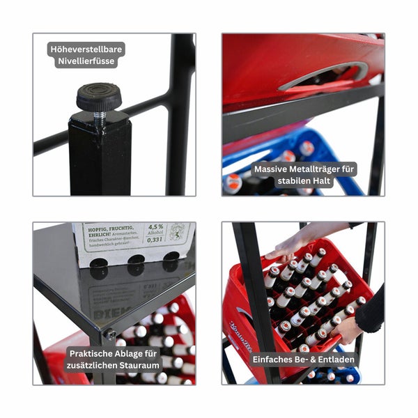 Detailansichten eines Getränkekistenwagens mit höhenverstellbaren Füßen, Ablage und stabilem Metallträger