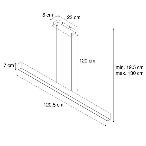 Technische Zeichnung einer Pendelleuchte mit den Maßen 120,5 cm Länge, 7 cm Höhe, 23 cm Breite der Aufhängung, 6 cm Tiefe der Aufhängung und einer maximalen Abhänghöhe von 130 cm.