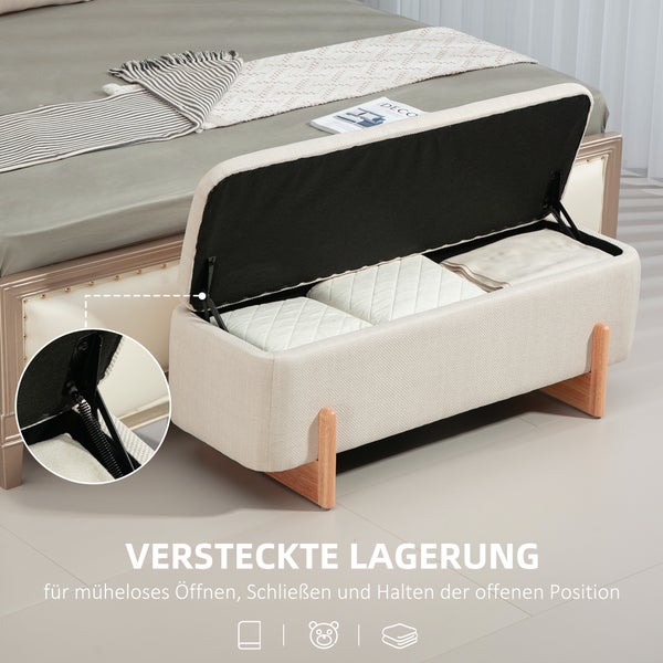 HOMCOM Sitzbank mit Stauraum, Polsterbank mit Leinenoptik, Holzbeine, Bettbank mit Sicherheitsscharniere für Wohnzimmer, Schlafzimmer, Flur, 111 x 44 x 44,5 cm, Creme