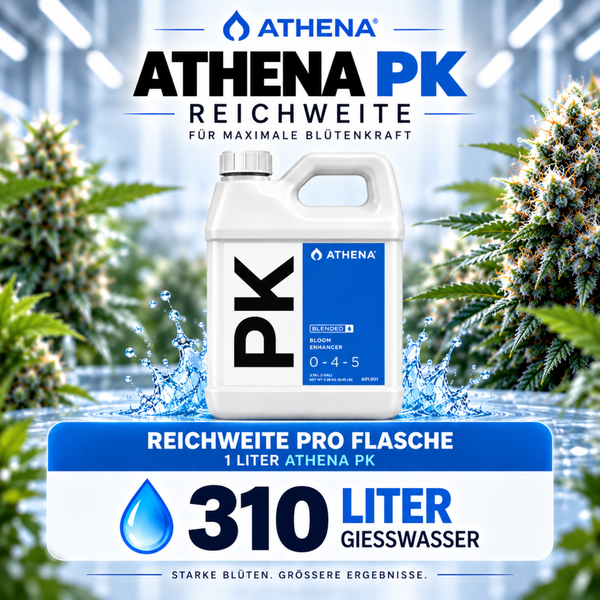 Athena PK Blütedünger Kanister mit Ergiebigkeitsinformation 310 Liter Gießwasser vor blühenden Pflanzen.