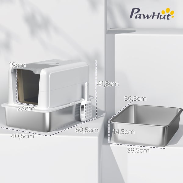 PawHut Katzenklo, Katzentoilette mit Deckel, Wanne aus Edelstahl, eingebauter Streufilter, inklusive Streuschaufel, für Katzen bis 6 kg, Weiß
