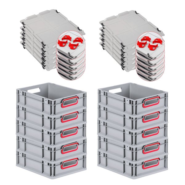 PROREGAL Spar Set 10x Eurobox Nextgen Color Mit Auflagedeckel & Schiebeschnappverschlüsse HxBxT 12 x 30 x 40 cm Griffe Rot Offen Glatter Boden