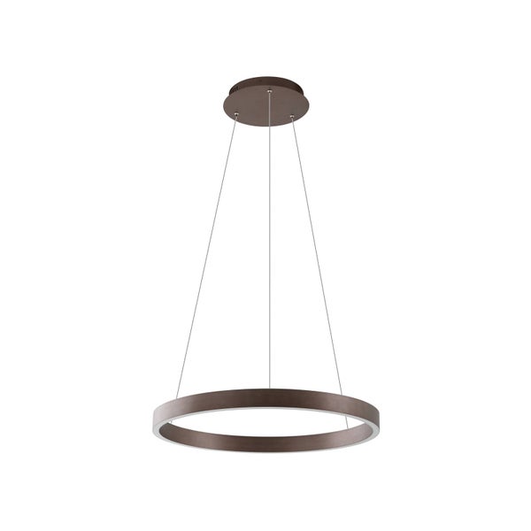 Moderne LED-Pendelleuchte in Ringform, braune Holzoptik, hängend an drei dünnen Seilen.
