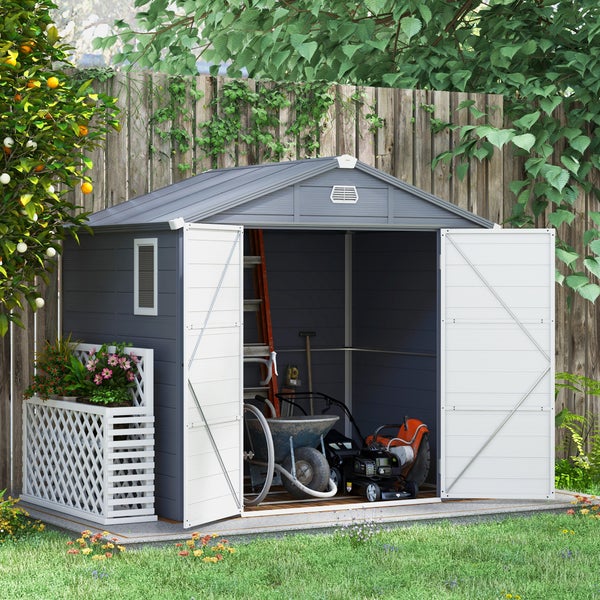 Outsunny Gerätehaus 4,1m³, Gartenhaus mit Pultdach, 240 x 190 x 180/228 cm, Geräteschuppen mit Abschließbar Tür, Fenster, Fahrradgarage, Gartenschrank aus Aluminium, für Hinterhof, Garten, Grau