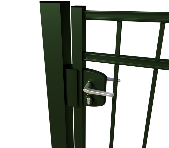 Detailansicht eines Gartentors mit Schloss und Griff