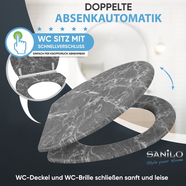 Toilettensitz mit Absenkautomatik und Schnellverschluss im Marmor Design von Sanilo