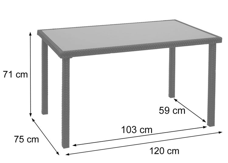 Abbildung eines Gartentisches mit den Maßen 120 cm Länge, 75 cm Breite und 71 cm Höhe.