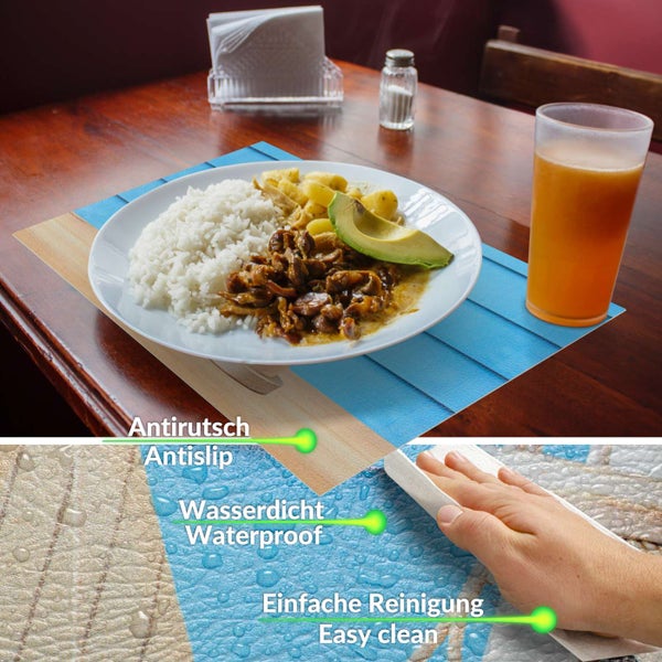 Tischset mit Holzdekor, rutschfest, wasserdicht und einfach zu reinigen, platziert auf einem Holztisch mit einem Teller Essen.