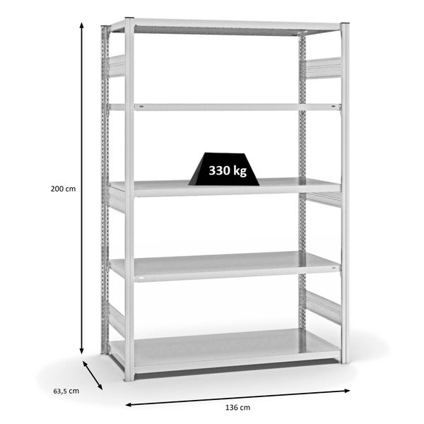 PROREGAL Fachbodenregal Stecksystem T-Profil Heavy-Duty Grundregal HxBxT 200 x 130 x 60 cm 5 Ebenen Fachlast 330 kg Beidseitig Nutzbar Lichtgrau