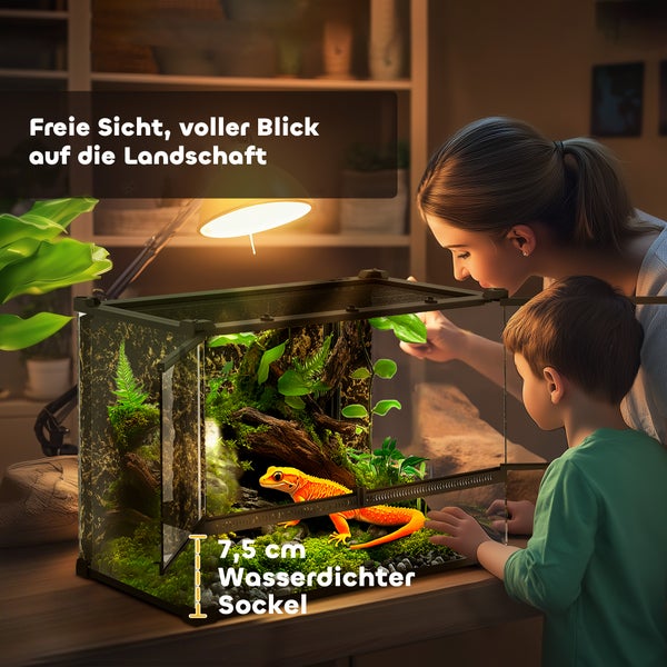 Hell beleuchtetes Glasterrarium mit Pflanzen und Reptil, eine Frau und ein Kind blicken hinein, 7,5 Zentimeter hoher wasserdichter Sockel.