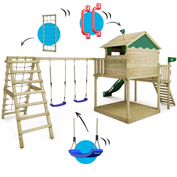 WICKEY Spielturm Klettergerüst Smart Ocean mit Schaukel und Rutsche, Stelzenhaus mit Sandkasten, Kletterleiter und Spiel-Zubehör - grün