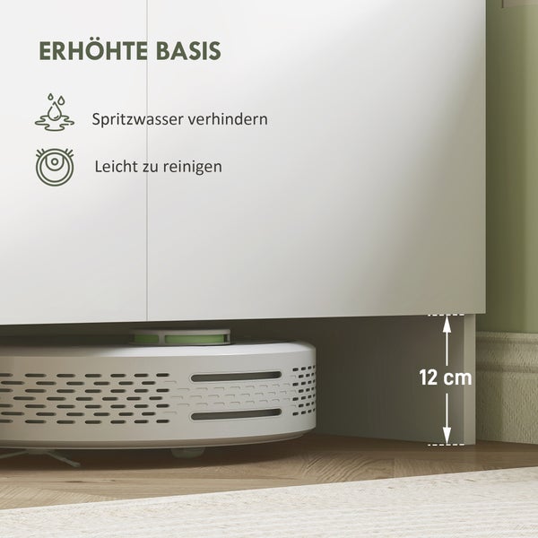 Weißer Unterschrank mit 12 Zentimeter erhöhter Basis, bietet Platz für einen Saugroboter, schützt vor Spritzwasser und ist leicht zu reinigen.