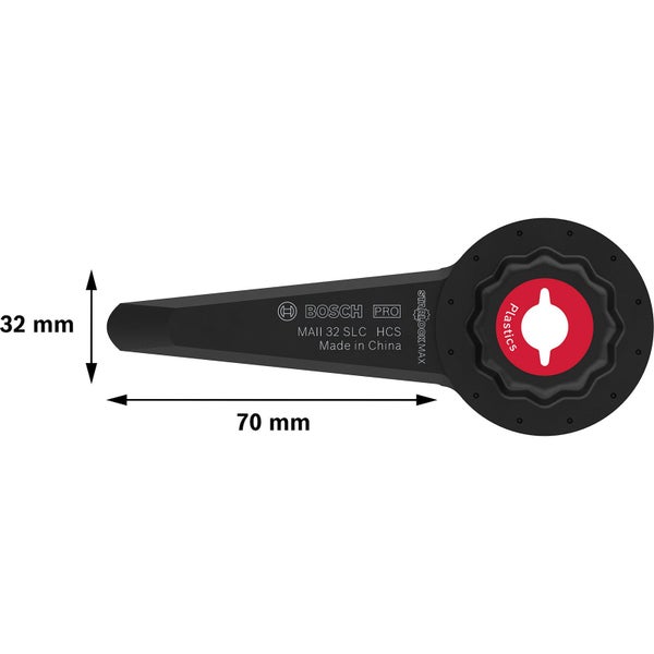 Bosch Pro Multitool Sägeblatt zum Schneiden von Kunststoff, mit den Maßen 70 mm Länge und 32 mm Breite.