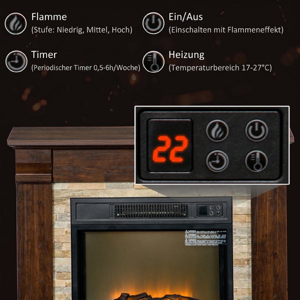 Elektrokamin mit Steinoptik und Holzrahmen zeigt Bedienpanel mit Funktionen wie Flammenintensität, Ein und Aus Schalter, Timer und Heizung.
