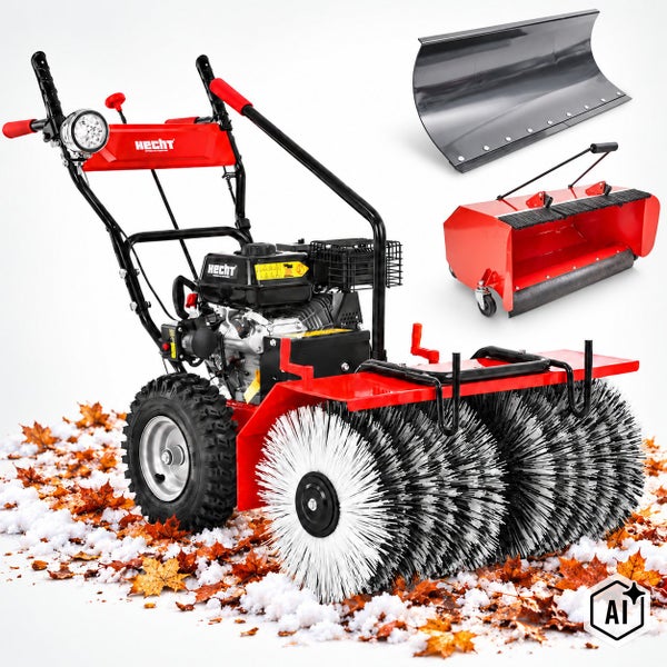 Hecht Kehrmaschine mit Benzinmotor, Bürste, Schneeschild und Auffangbehälter für den ganzjährigen Einsatz auf Gehwegen und Auffahrten.