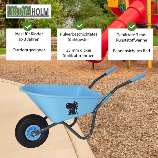 Trutzholm Kinder-Schubkarre aus Kunststoff mit Stahlrohrrahmen und pannensicherem Rad, ideal für Kinder ab 3 Jahren im Garten.