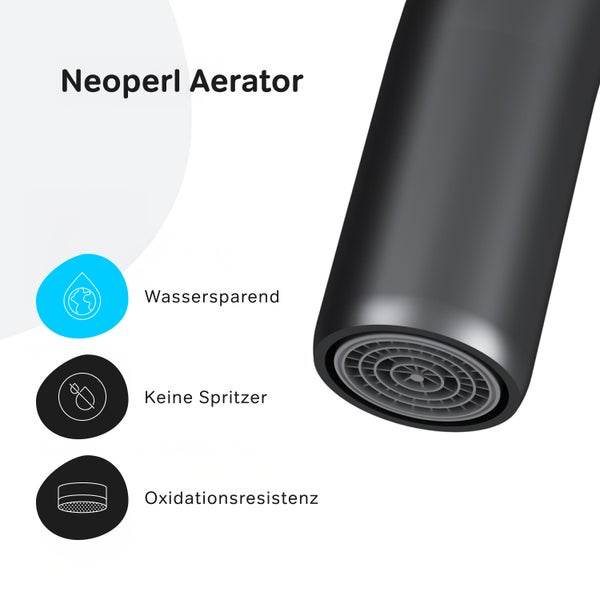Neoperl Perlator mit Symbolen für Wassersparen, Spritzschutz und Oxidationsbeständigkeit