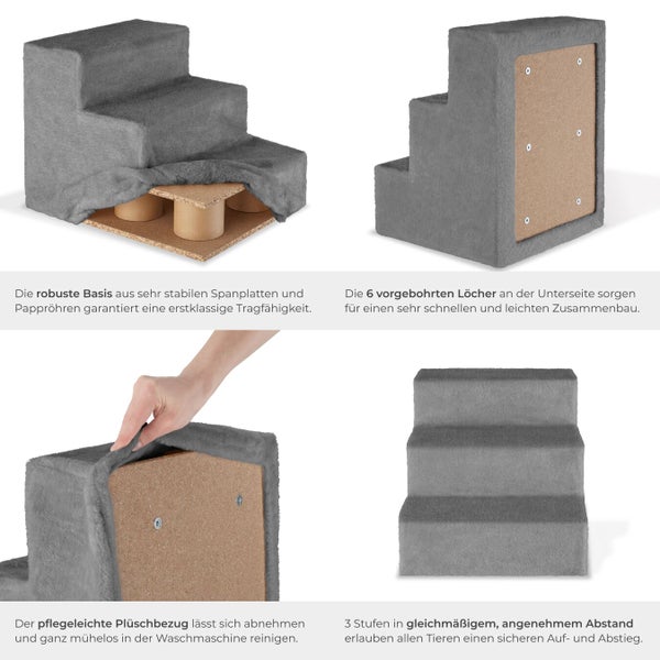 Graue Treppe mit drei Stufen für Haustiere, Bezug aus Plüsch.