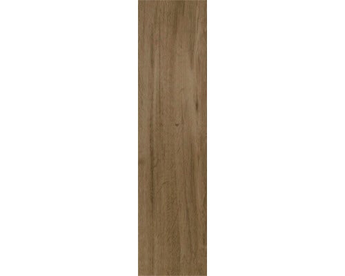 Einzelne braune Feinsteinzeugfliese in Holzoptik mit natürlicher Maserung für Boden und Wand.
