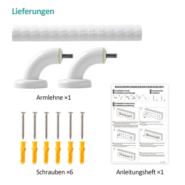 Lieferumfang Handlauf-Set: Eine strukturierte Griffstange, zwei Wandhalterungen, sechs Schrauben mit Dübeln und Montageanleitung.