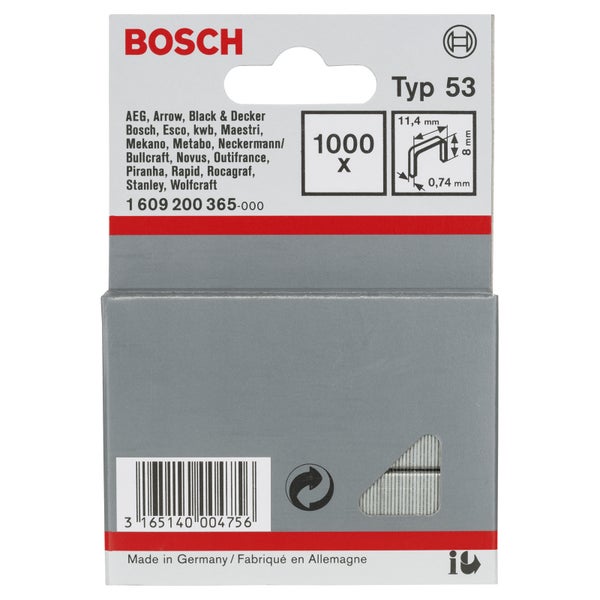 Bosch 1.000x Feindrahtklammer Typ 53, 11,4 x 0,74 x 8 mm - 1609200365