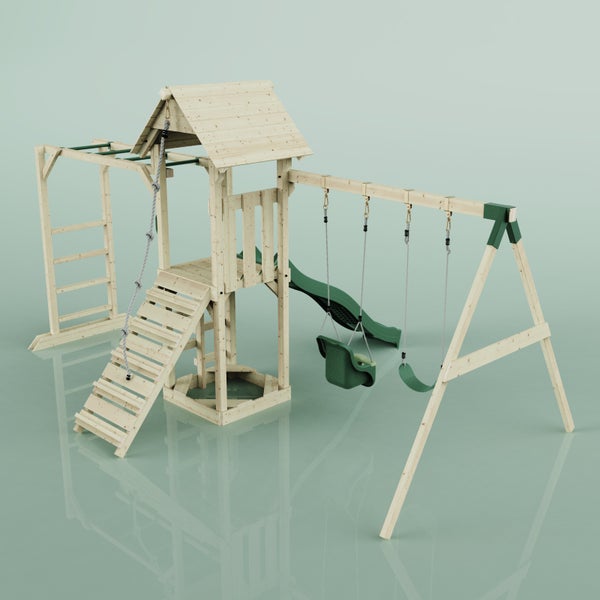 Spielturm aus Holz mit Rutsche und Schaukel