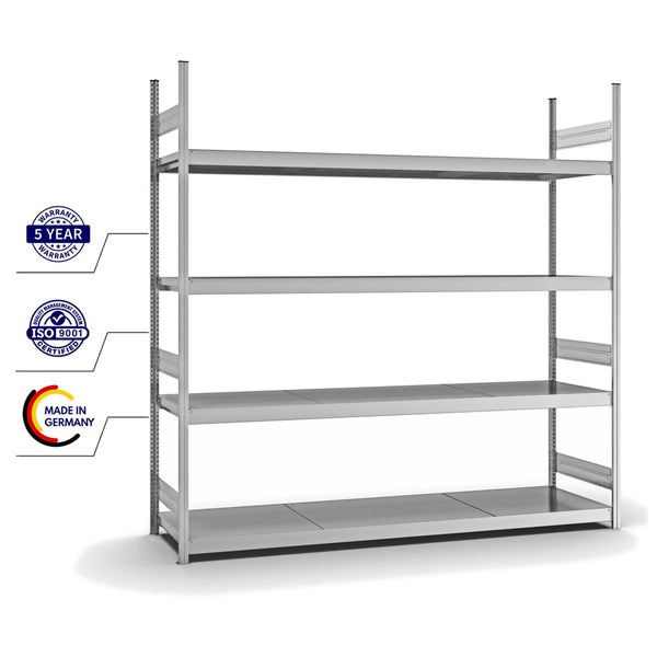 PROREGAL Weitspannregal Stecksystem T-Profil Grundregal HxBxT 250x250x60 cm 4 Ebenen Stahlplatten Fachboden Fachlast 350 kg Verzinkt