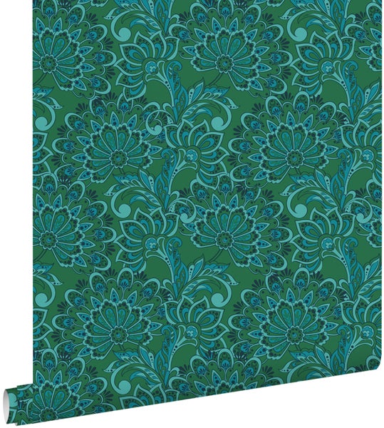 ESTAhome Tapete Blumenmuster Dunkelgrün - 50 x 900 cm - 131090