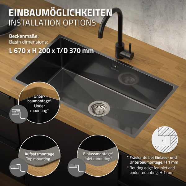 ML-Design XXL Spülbecken Edelstahl 70x40 cm Anthrazit, Küchenspüle eckig, 1 Becken Einbauspüle Unterbauspüle Edelstahlspüle mit Ab- und Überlaufgarnitur Einzelbecken mit Siphon Waschbecken Küche Spüle