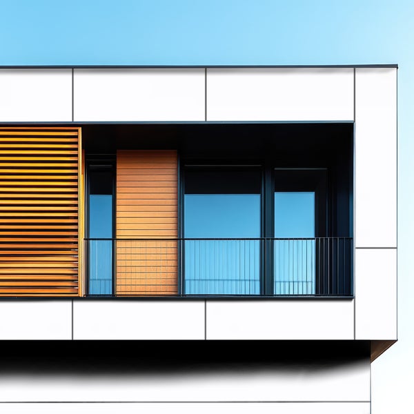 Detailansicht eines modernen Gebäudes mit Balkon und Holzlamellen