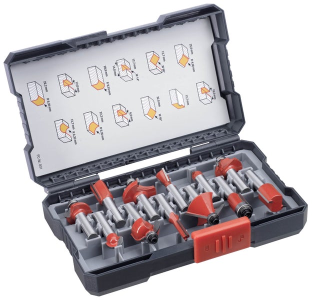 kwb 12-teiliger Oberfräser Satz m. 8-mm Schaft, Hartmetall HM, div. Holz-Fräser im Set, extra scharf