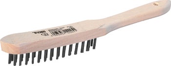 Drahtbürste mit Holzgriff zur Reinigung von Metalloberflächen.