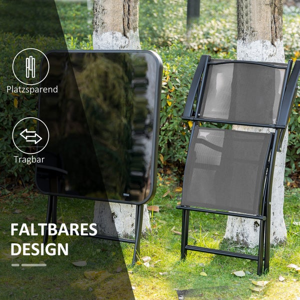 Outsunny Sitzgruppe, 3tlg. Balkonset, 1 Tisch+2 Stühle, klappbar, 60L x 60B x 70H cm, Metall, Mesh, Schwarz+Grau