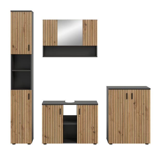Badezimmermöbel-Set in Holzoptik mit Lamellen-Design, inklusive Hochschrank, Waschtischunterschrank, Spiegel und Beischrank.